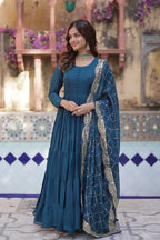 Cyan Blue Georgette Fully Flair Gown With Embroidery Work Dupatta