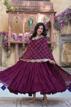 Wine Berry Georgette Fully Flair Gown With Embroidery Work Dupatta