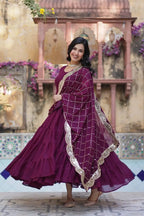 Wine Berry Georgette Fully Flair Gown With Embroidery Work Dupatta