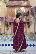 Wine Berry Georgette Fully Flair Gown With Embroidery Work Dupatta