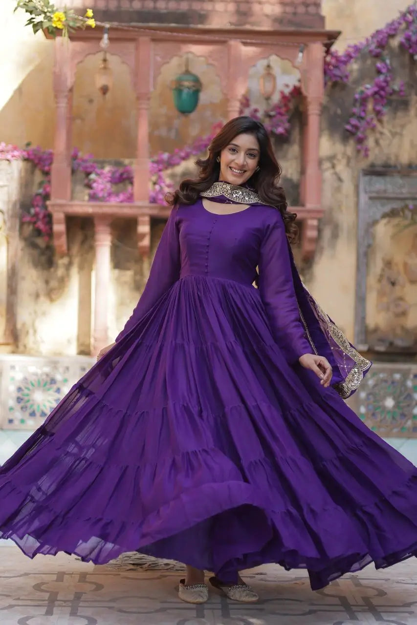 Dark Purple Haze Georgette Fully Flair Gown With Embroidery Work Dupatta