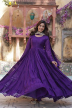 Dark Purple Haze Georgette Fully Flair Gown With Embroidery Work Dupatta