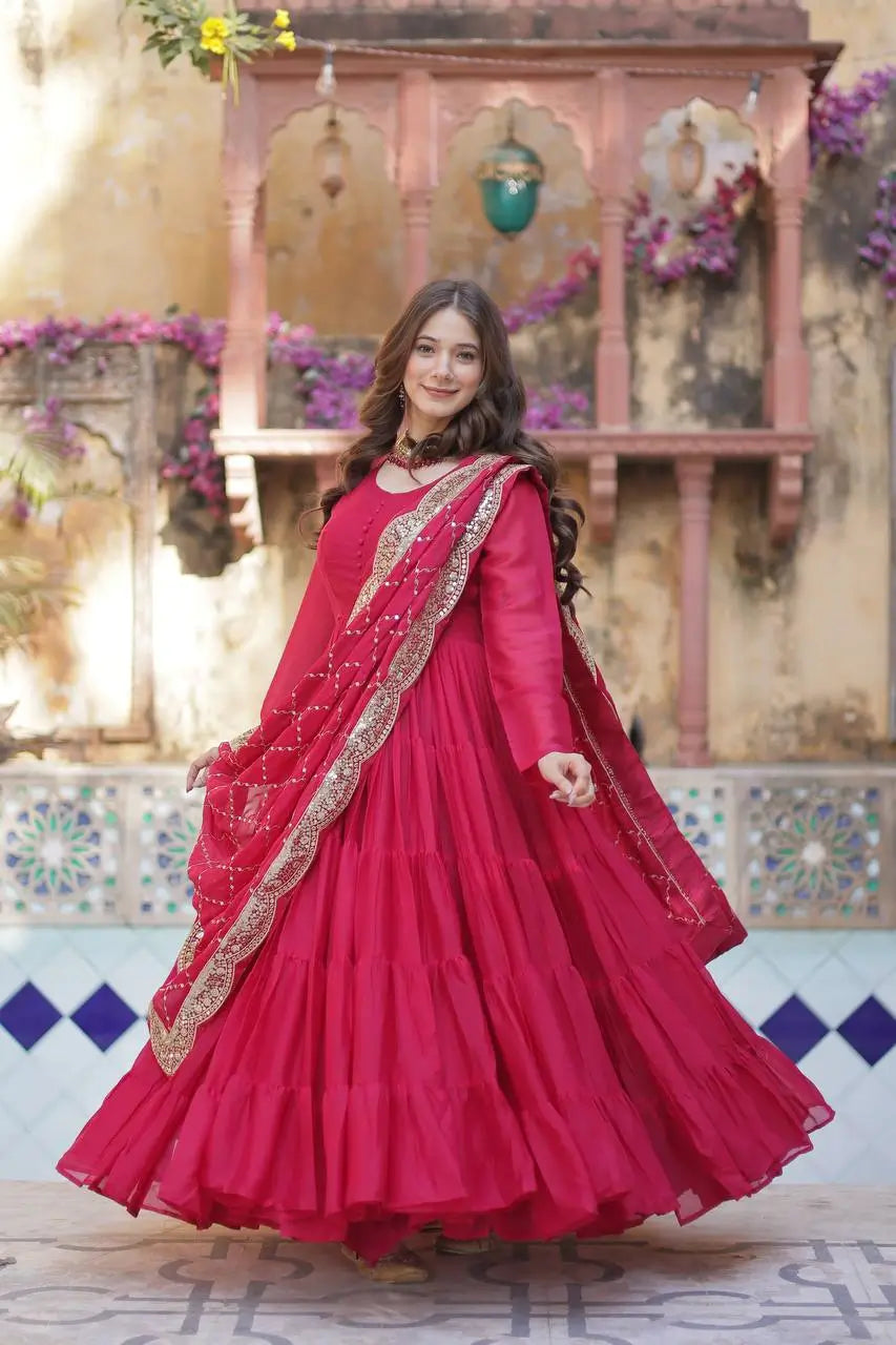 Light Red Georgette Fully Flair Gown With Embroidery Work Dupatta