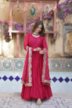 Light Red Georgette Fully Flair Gown With Embroidery Work Dupatta