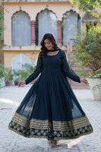 Dark Teal Blue Georgette Gown With Multi Sequins Embroidery Work With Dupatta