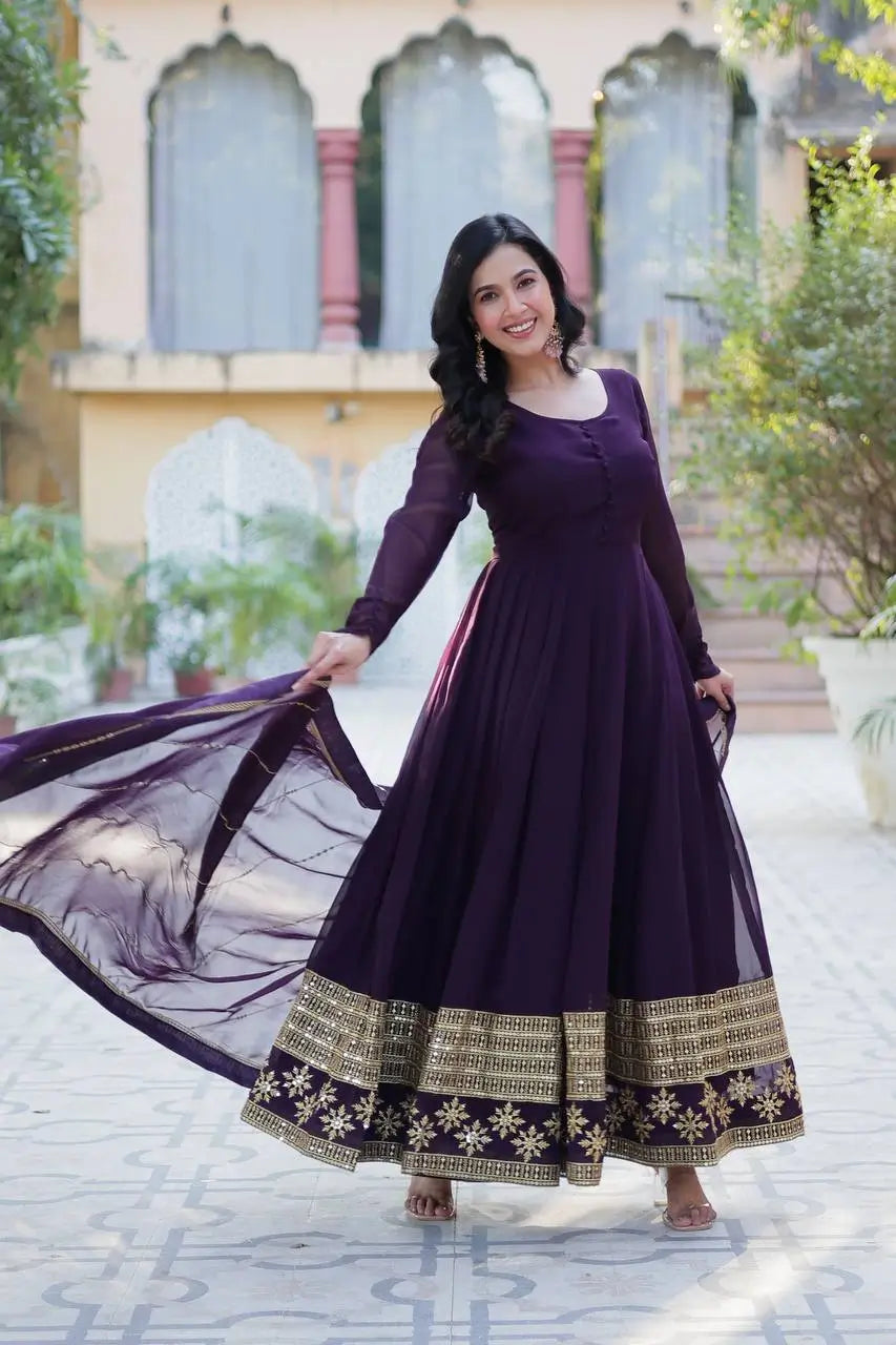 Deep Wine Georgette Gown With Multi Sequins Embroidery Work With Dupatta