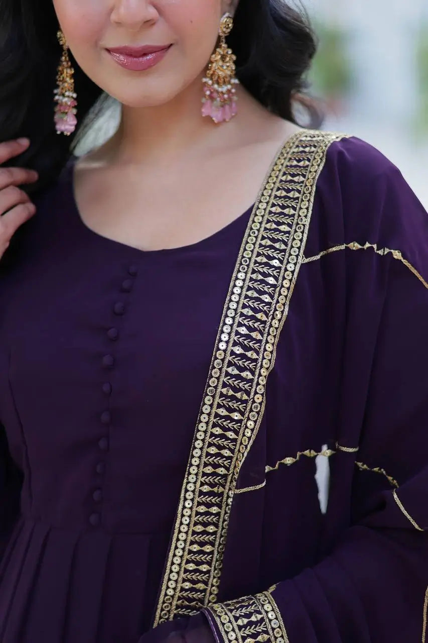 Deep Wine Georgette Gown With Multi Sequins Embroidery Work With Dupatta