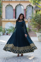 Dark Teal Blue Georgette Gown With Multi Sequins Embroidery Work With Dupatta