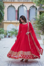 Hot Red Georgette Gown With Multi Sequins Embroidery Work With Dupatta