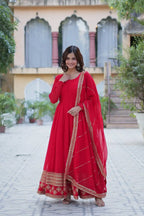 Hot Red Georgette Gown With Multi Sequins Embroidery Work With Dupatta