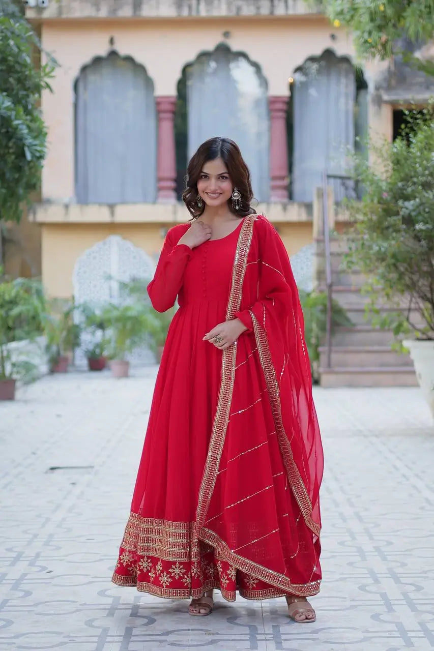 Hot Red Georgette Gown With Multi Sequins Embroidery Work With Dupatta