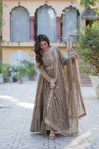 Sand Dune Embroidery Work Georgette Fully Flair Gown With Heavy Dupatta