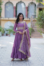 Dark Lavender Georgette Fully Flair Gown With Embroidery Work With Heavy Dupatta