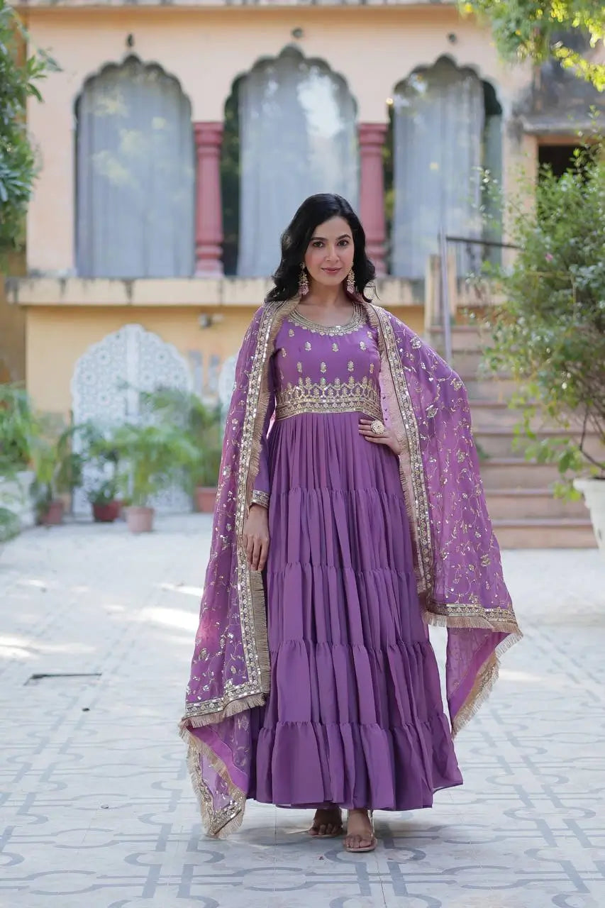 Dark Lavender Georgette Fully Flair Gown With Embroidery Work With Heavy Dupatta