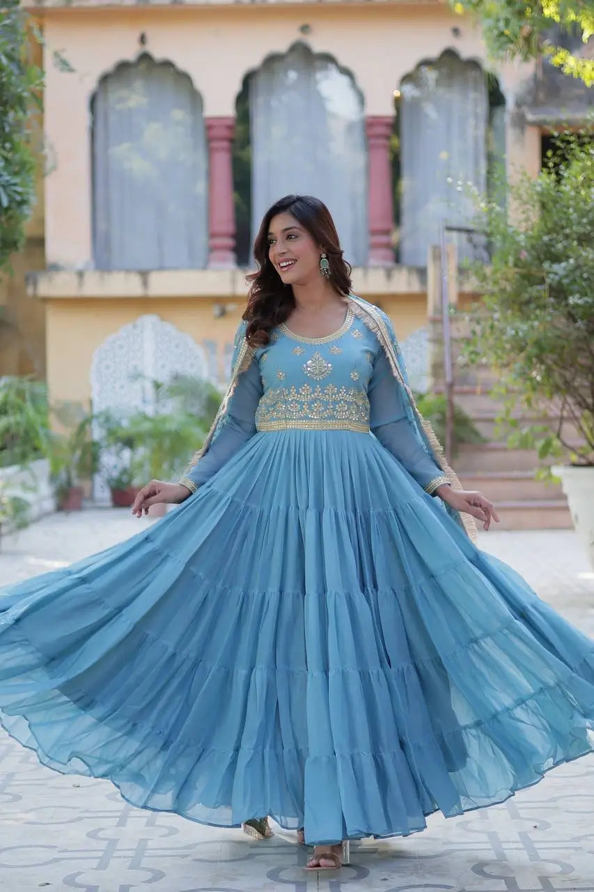 Sky Blue Embroidery Work Georgette Fully Flair Gown And Heavy Dupatta