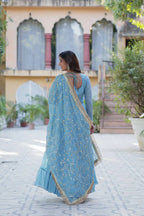 Sky Blue Embroidery Work Georgette Fully Flair Gown And Heavy Dupatta