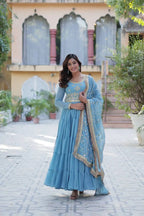 Sky Blue Embroidery Work Georgette Fully Flair Gown And Heavy Dupatta
