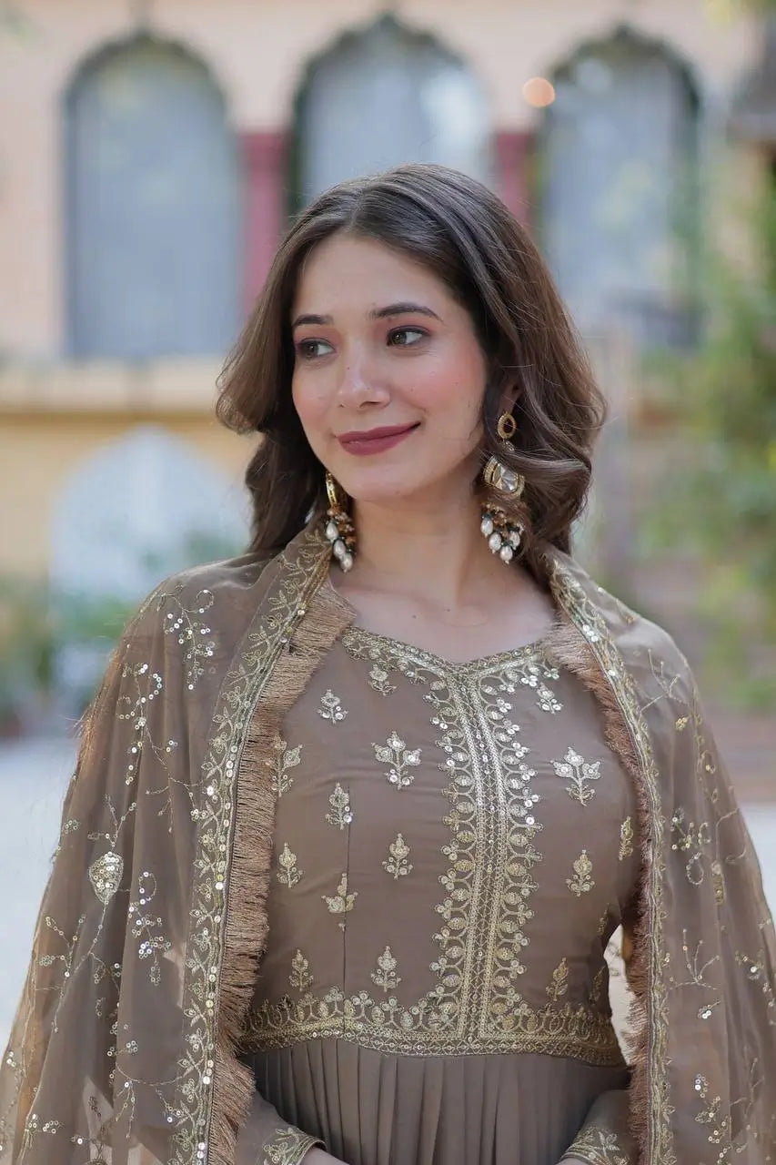 Sand Dune Embroidery Work Georgette Fully Flair Gown With Heavy Dupatta