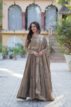 Sand Dune Embroidery Work Georgette Fully Flair Gown With Heavy Dupatta
