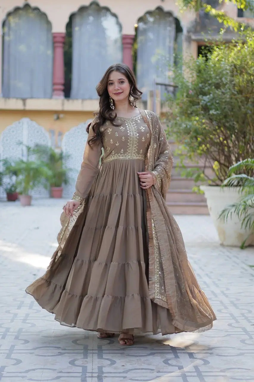 Sand Dune Embroidery Work Georgette Fully Flair Gown With Heavy Dupatta