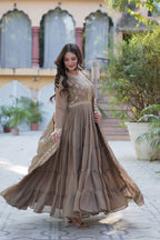 Sand Dune Embroidery Work Georgette Fully Flair Gown With Heavy Dupatta