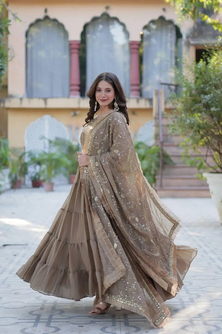 Sand Dune Embroidery Work Georgette Fully Flair Gown With Heavy Dupatta