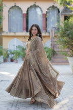 Sand Dune Embroidery Work Georgette Fully Flair Gown With Heavy Dupatta