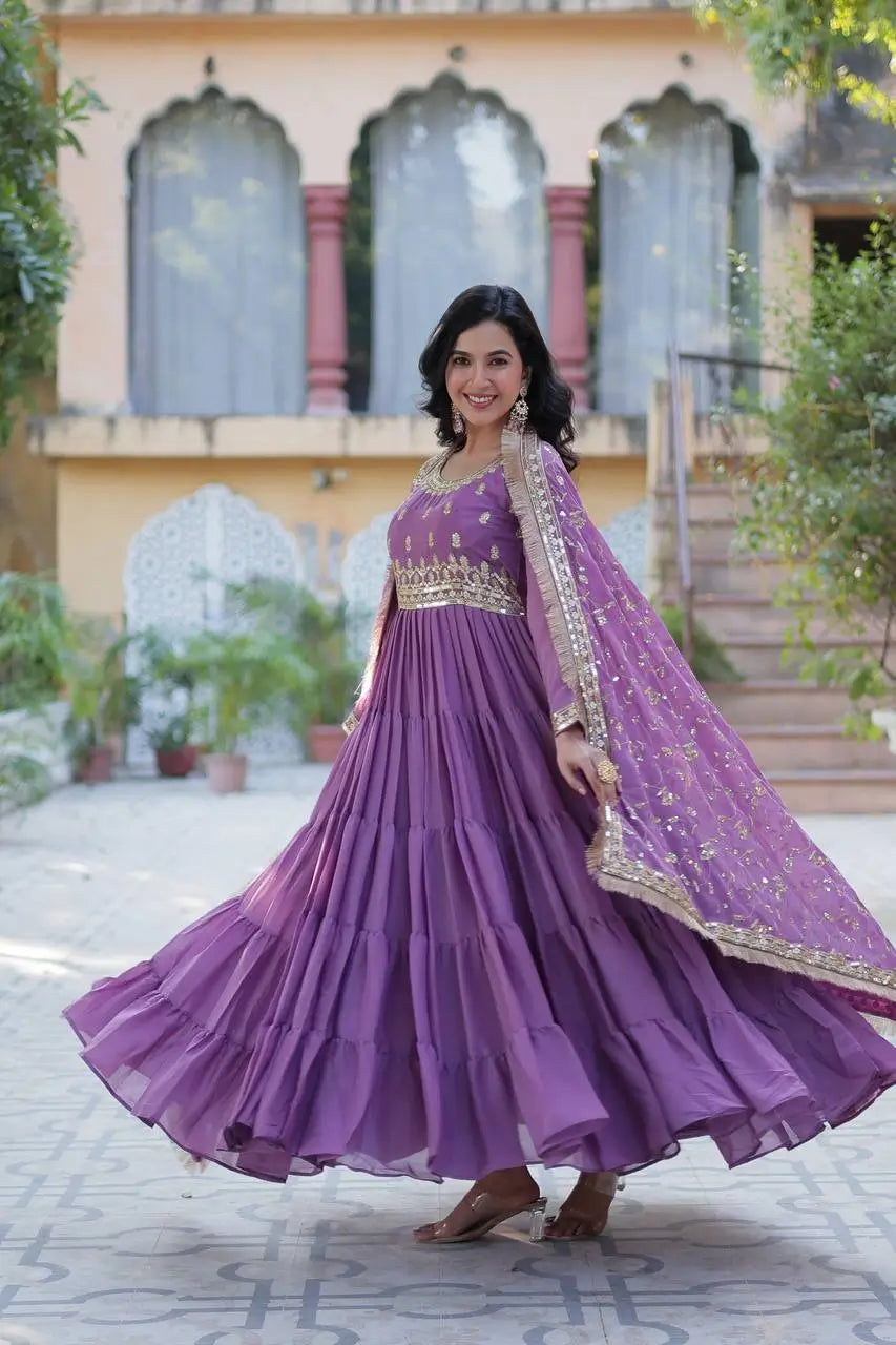Dark Lavender Georgette Fully Flair Gown With Embroidery Work With Heavy Dupatta