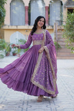 Dark Lavender Georgette Fully Flair Gown With Embroidery Work With Heavy Dupatta