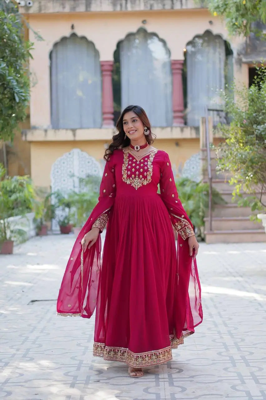 Pink Georgette Gown With Rich Sequins Embroidered Work With Dupatta