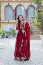 Maroon Georgette Gown With Rich Sequins Embroidered Work With Dupatta