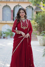 Maroon Georgette Gown With Rich Sequins Embroidered Work With Dupatta
