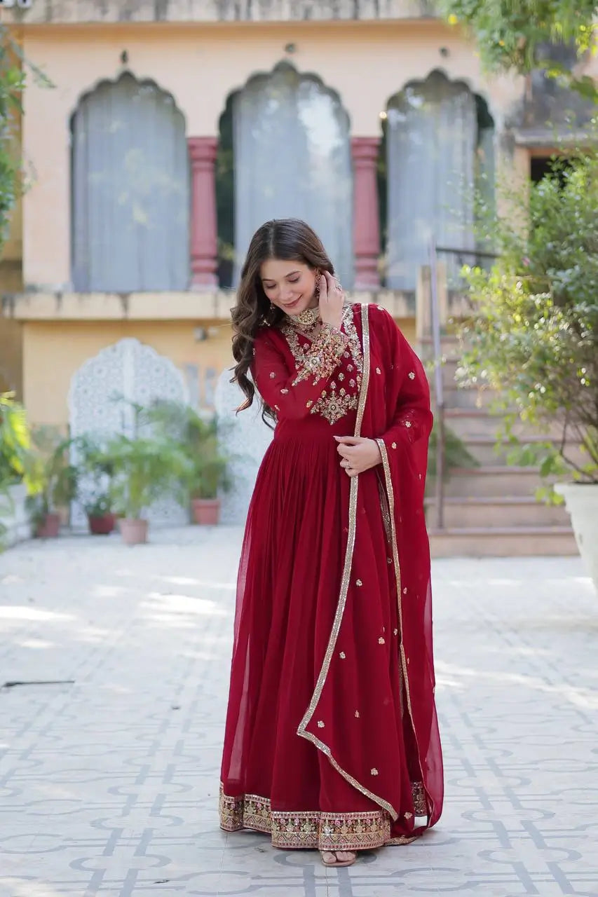 Maroon Georgette Gown With Rich Sequins Embroidered Work With Dupatta