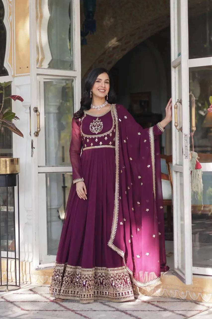 Wine Berry Faux Georgette Gown With Rich Sequins Embroidery Work