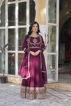 Wine Berry Faux Georgette Gown With Rich Sequins Embroidery Work