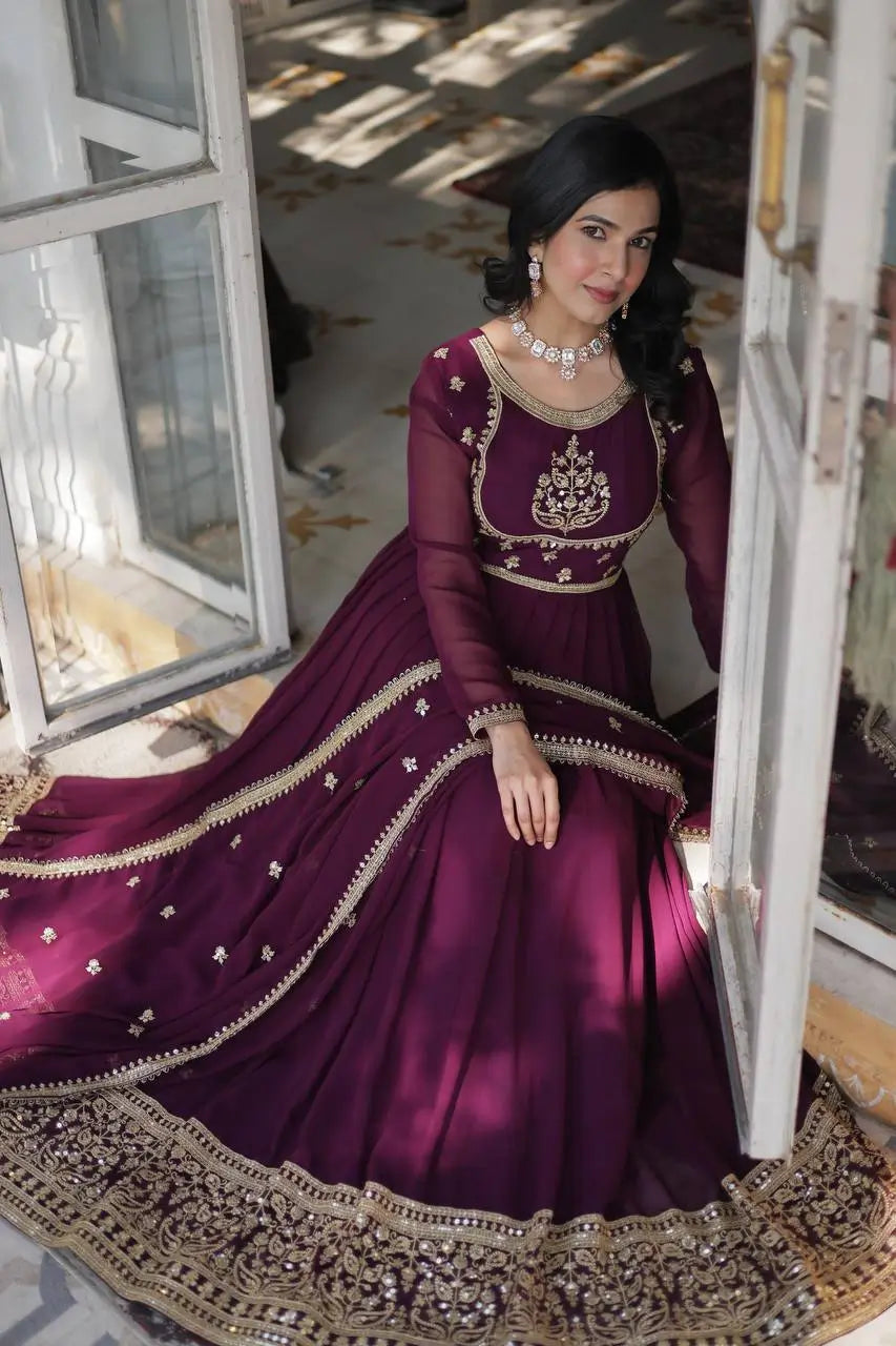 Wine Berry Faux Georgette Gown With Rich Sequins Embroidery Work