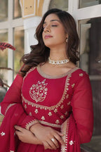 Carmine Red Faux Georgette Gown With Rich Sequins Embroidery Work