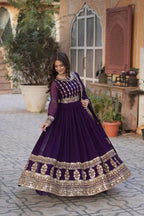Dark Wine Zari Sequins Embroidery Work Gown And Dupatta