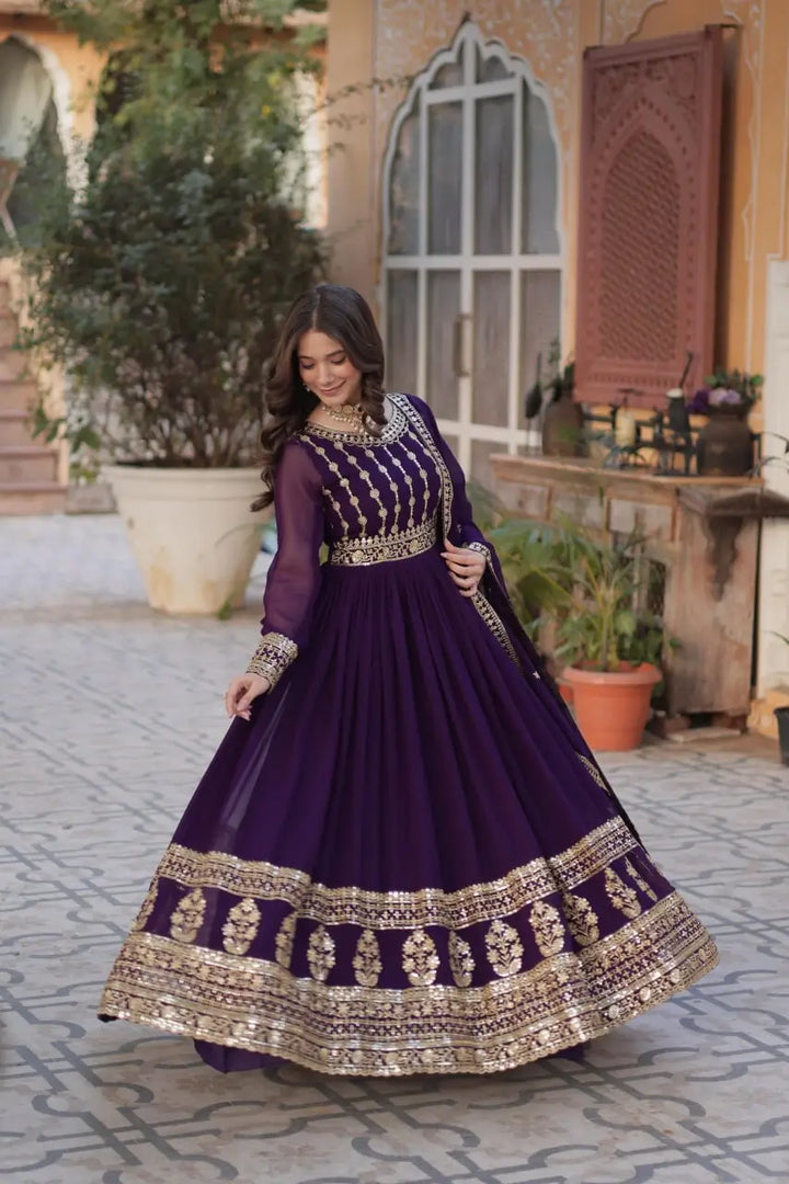 Dark Wine Zari Sequins Embroidery Work Gown And Dupatta - qivii
