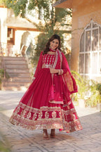 Pinkish Red Zari Sequins Embroidery Work Georgette Gown And Dupatta