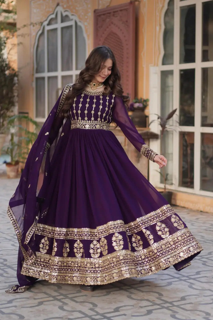 Dark Wine Zari Sequins Embroidery Work Gown And Dupatta