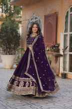 Dark Wine Zari Sequins Embroidery Work Gown And Dupatta
