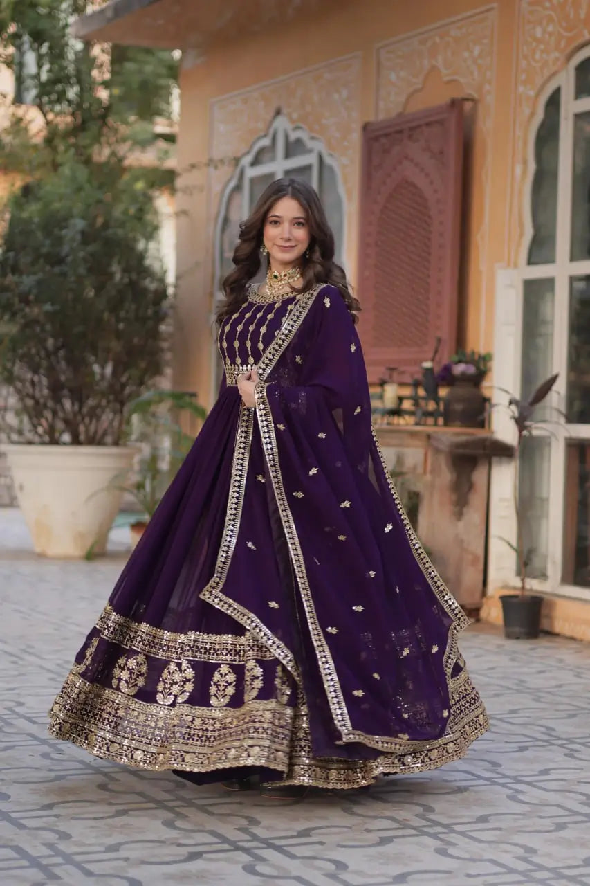 Dark Wine Zari Sequins Embroidery Work Gown And Dupatta