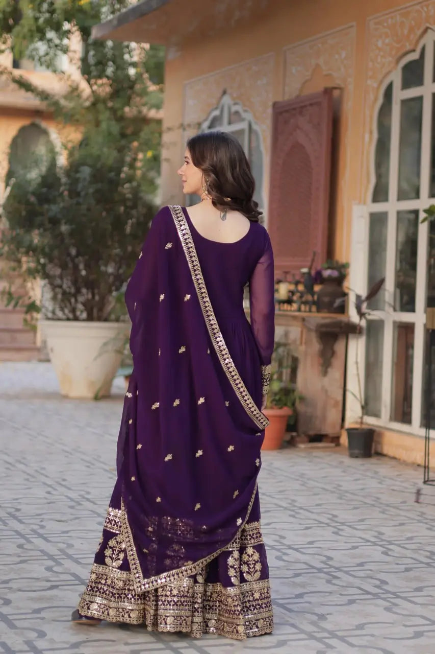 Dark Wine Zari Sequins Embroidery Work Gown And Dupatta - qivii