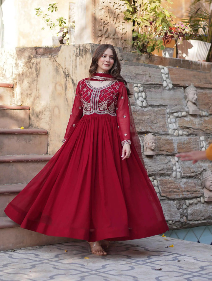Marron Beads And Sequins Embroidery Work Gown With Dupatta - qivii