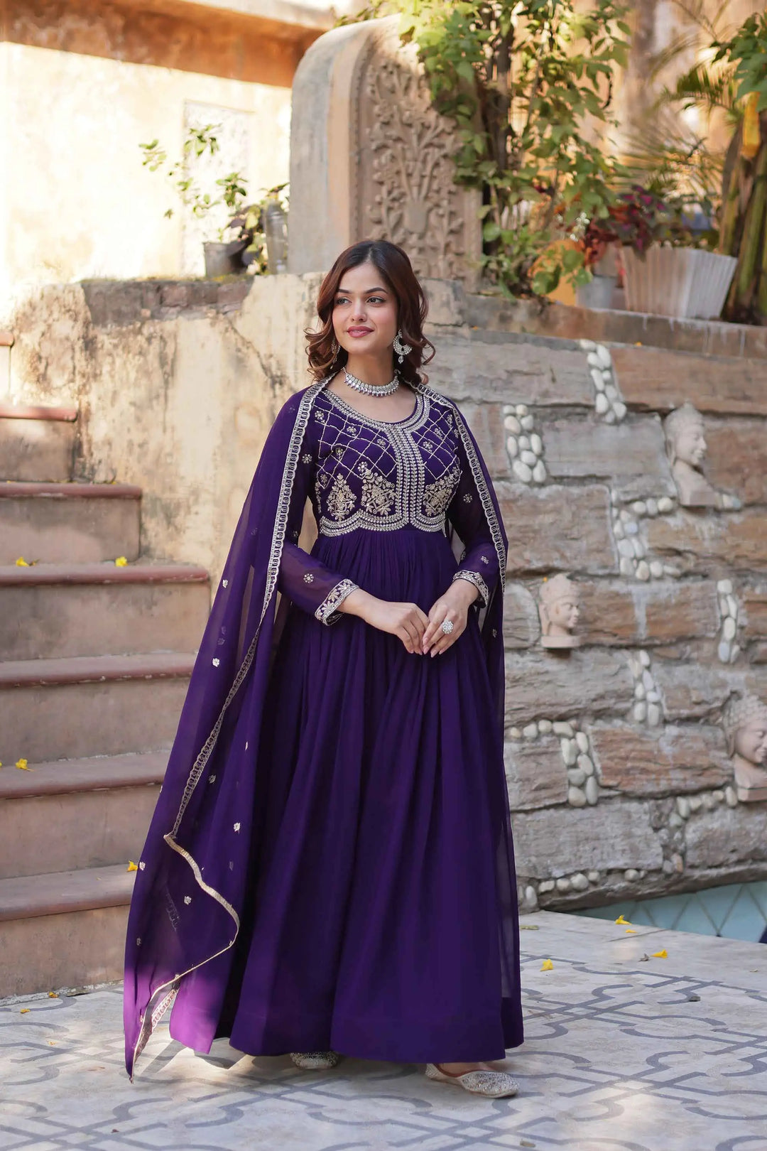 Purple Beads And Sequins Embroidery Work Gown With Dupatta - qivii