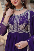 Purple Beads And Sequins Embroidery Work Gown With Dupatta