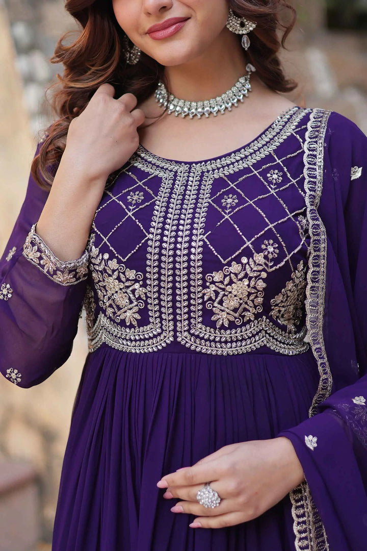 Purple Beads And Sequins Embroidery Work Gown With Dupatta - qivii