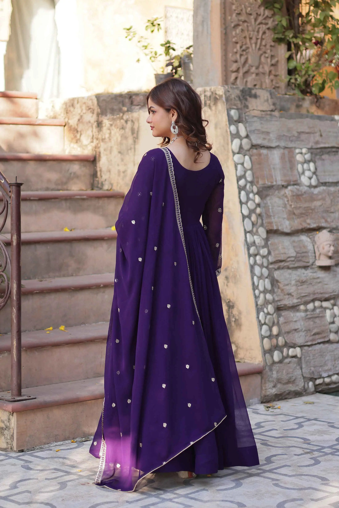 Purple Beads And Sequins Embroidery Work Gown With Dupatta - qivii