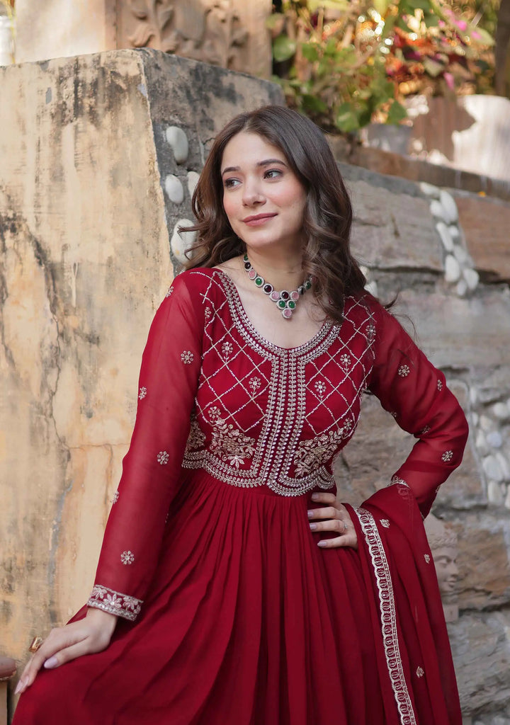 Marron Beads And Sequins Embroidery Work Gown With Dupatta - qivii